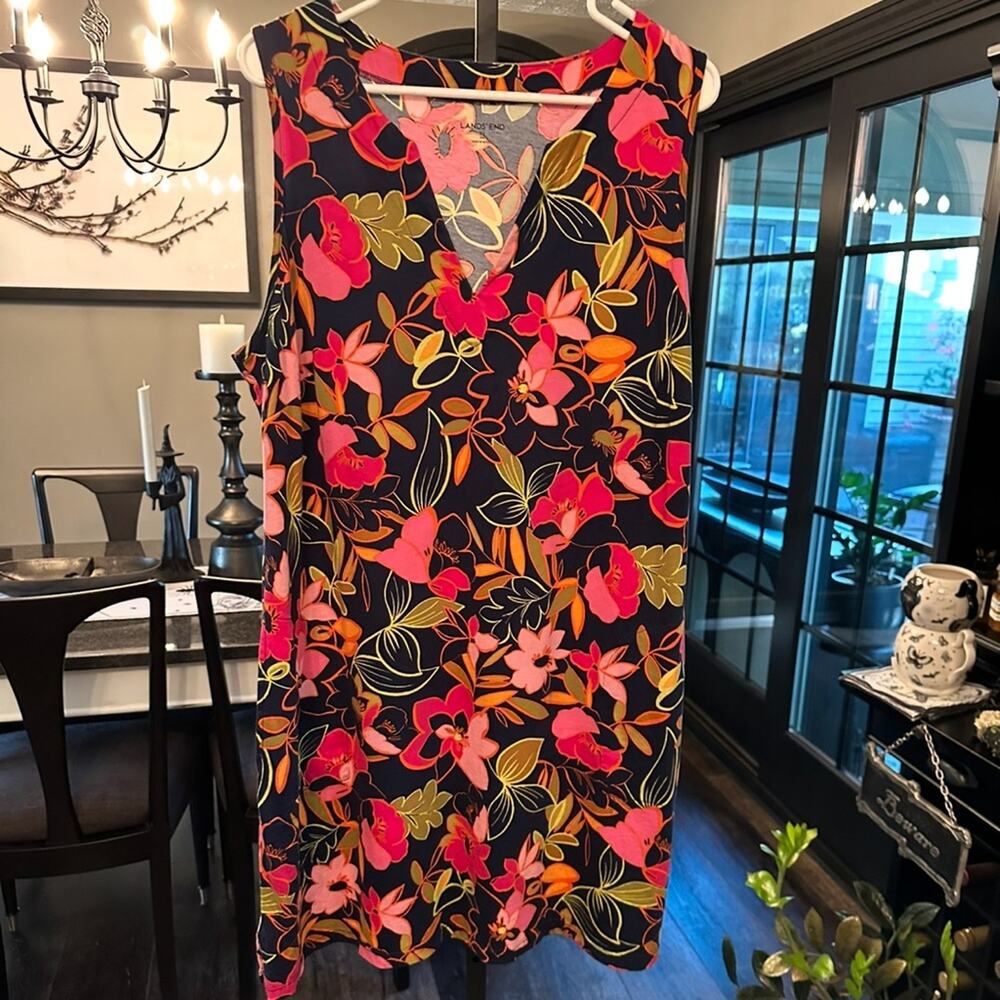 Lands' End NWOT V-Neck Sleeveless Floral 100%Cotton Shift Dress Large 14 W 14W